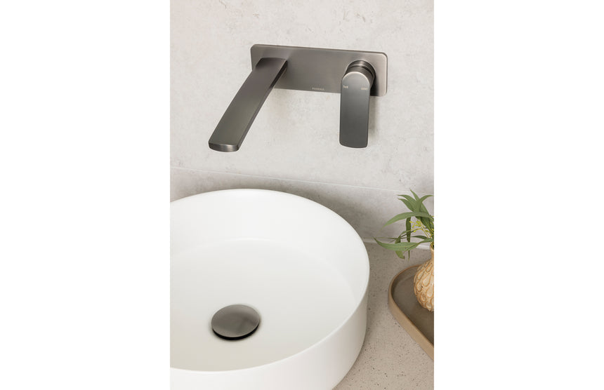 Phoenix Mekko SwitchMix Wall Basin / Bath Mixer Set 200mm Fit-Off Kit Brushed Carbon, shown in a finished interior