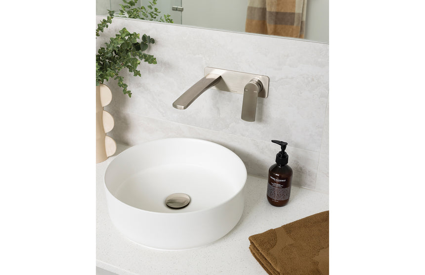 Phoenix Mekko SwitchMix Wall Basin / Bath Mixer Set 200mm Fit-Off Kit Brushed Nickel, shown in a finished interior