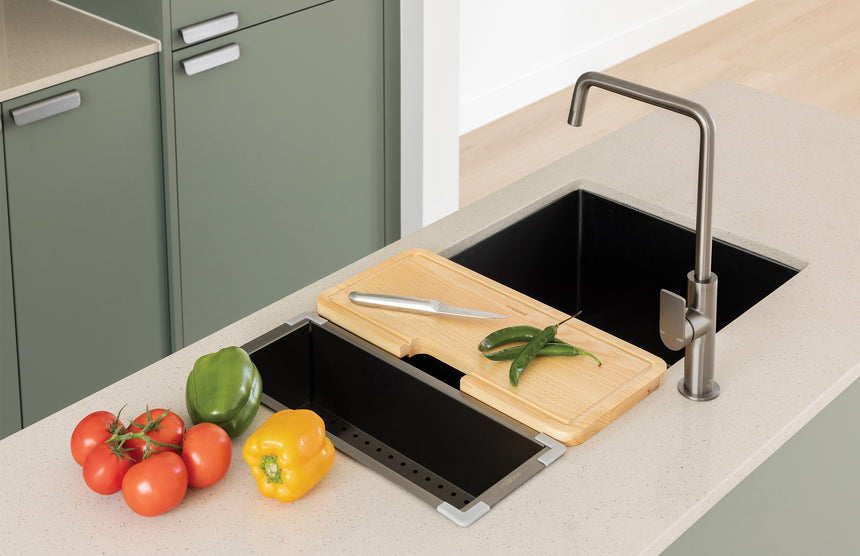 Phoenix 4000 Series Double Bowl Under / Over Sink Brushed Carbon, shown in a finished interior