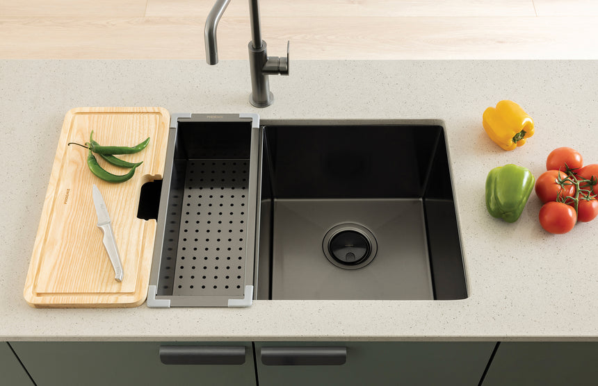 Phoenix Stainless Steel Colander Brushed Carbon, shown in a finished interior