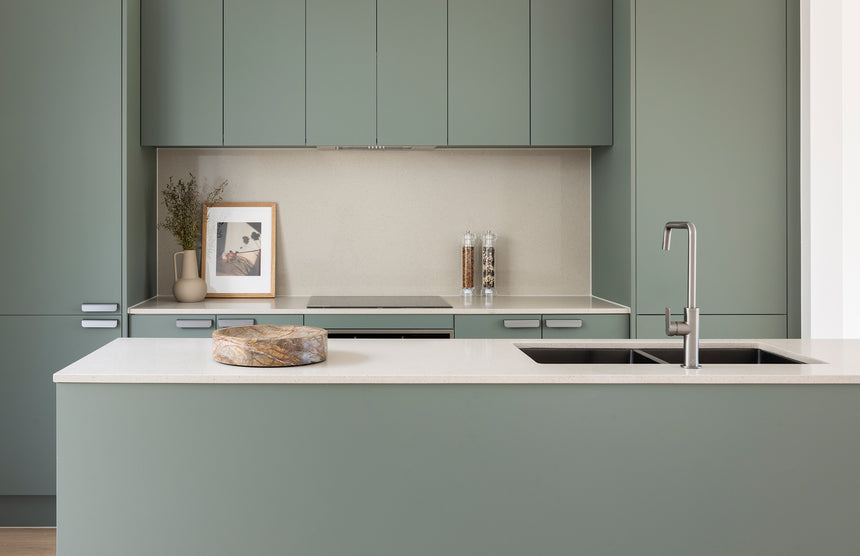 Phoenix Mekko Sink Mixer 190mm Squareline Brushed Carbon, shown in a finished interior