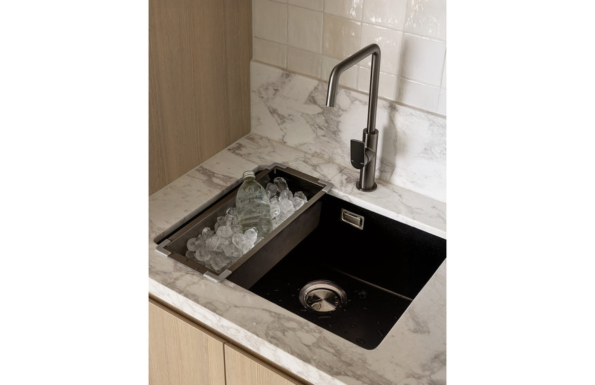 Phoenix Mekko Sink Mixer 190mm Squareline Brushed Carbon, shown in a finished interior
