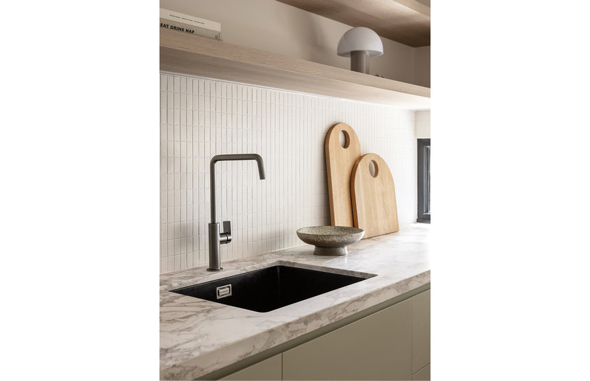 Phoenix Mekko Sink Mixer 190mm Squareline Brushed Carbon, shown in a finished interior