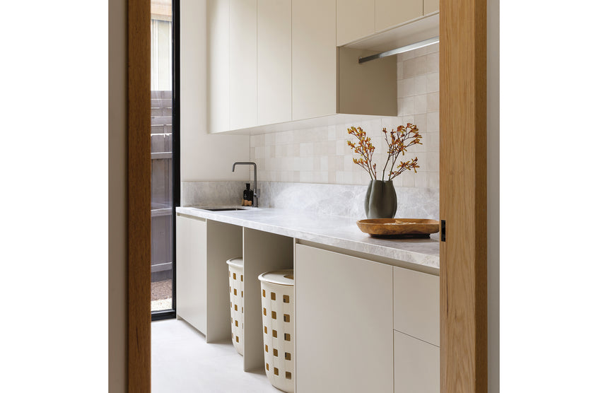 Phoenix Mekko Sink Mixer 190mm Squareline Brushed Carbon, shown in a finished interior