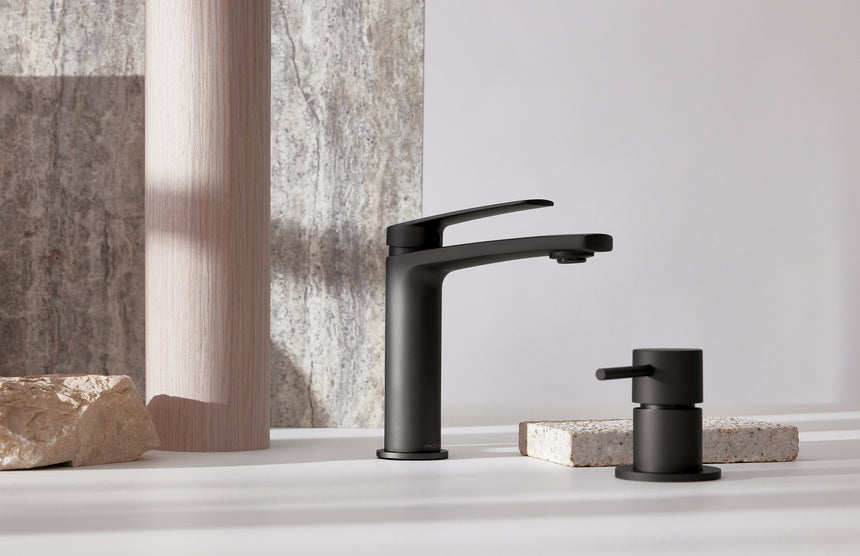 Phoenix Mekko Basin Mixer Matte Black, shown in a finished interior