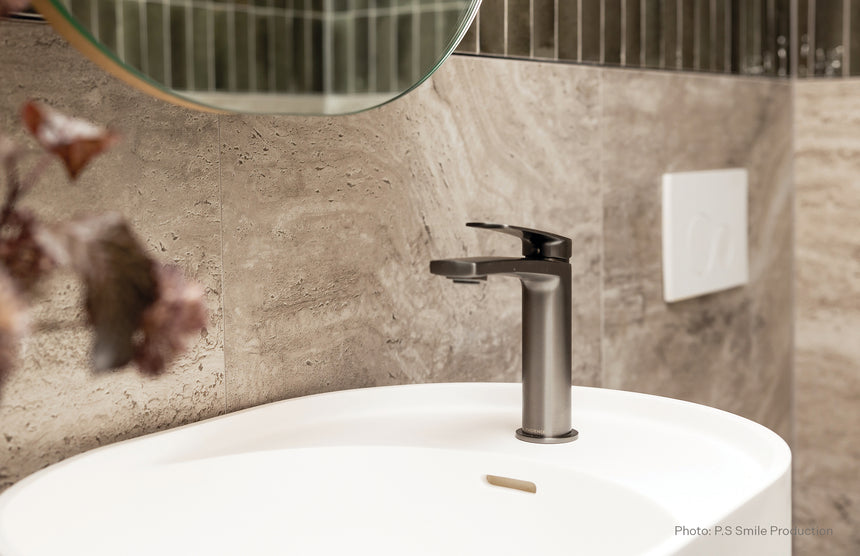 Phoenix Mekko Basin Mixer Brushed Carbon, shown in a finished interior