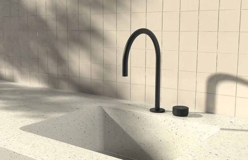 Phoenix Axia Hob Sink Mixer Set 220mm Gooseneck Brushed Nickel, shown in a finished interior