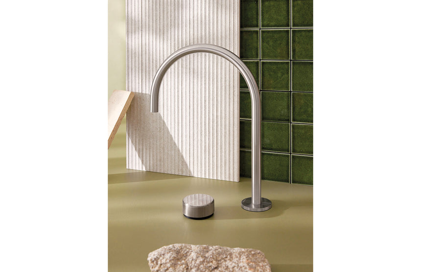 Phoenix Vivid Slimline Hob Sink Outlet 220mm Gooseneck Brushed Nickel, shown in a finished interior