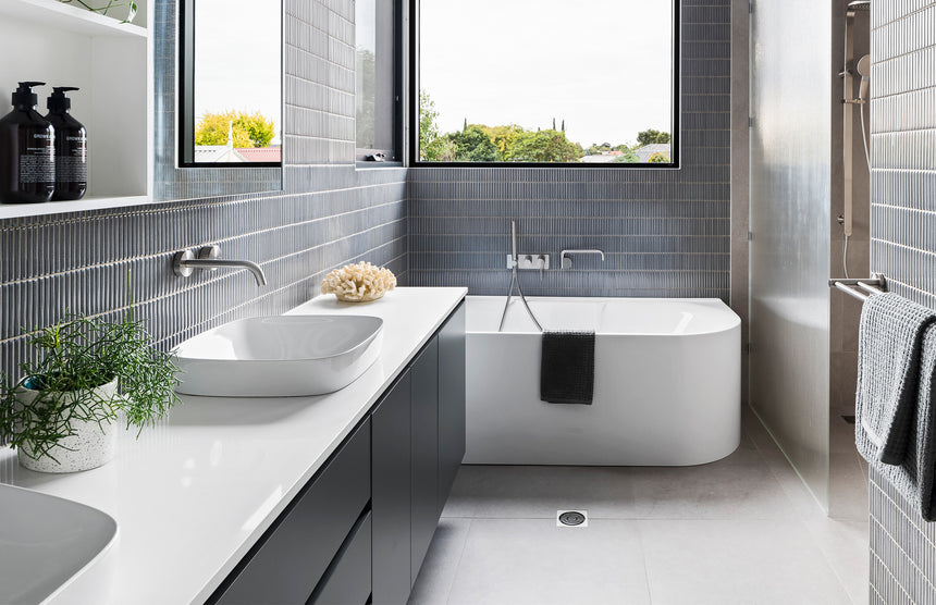 Phoenix Vivid Slimline Wall Shower System Brushed Nickel, shown in a finished interior