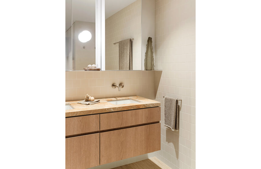 Phoenix Axia Wall Basin / Bath Curved Outlet Mixer Set 180mm Brushed Nickel, shown in a finished interior