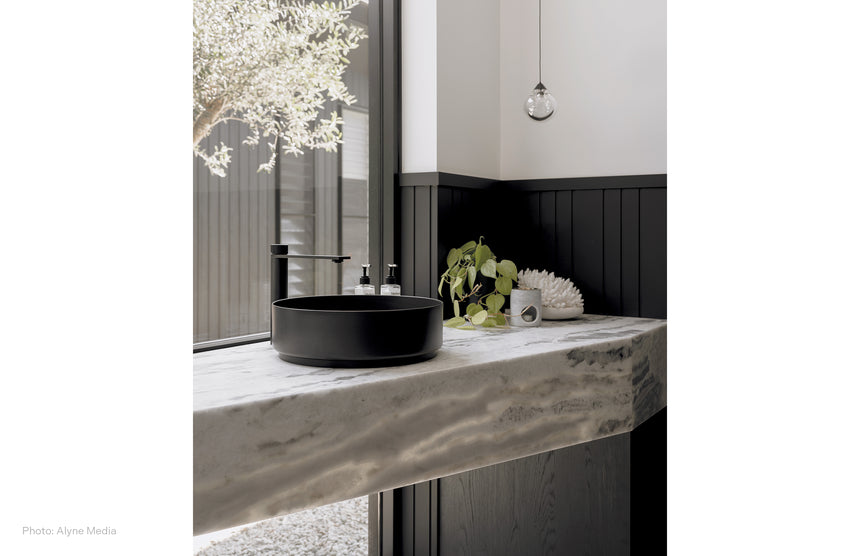 Phoenix Axia Vessel Mixer Matte Black, shown in a finished interior