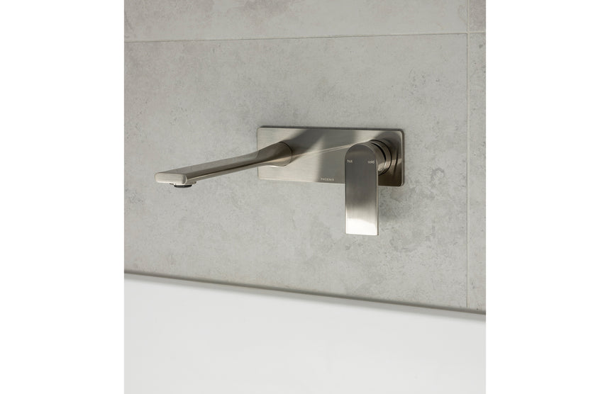 Phoenix Teel SwitchMix Wall Basin / Bath Mixer Set 200mm Fit-Off Kit Brushed Nickel, shown in a finished interior