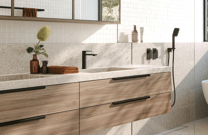 Phoenix Teel Basin Mixer Matte Black, shown in a finished interior
