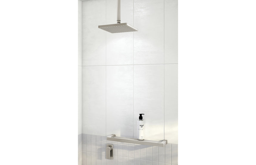 Phoenix Lexi Shower Rose 200mm Square Brushed Nickel, shown in a finished interior