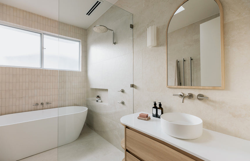 Phoenix Vivid Slimline Plus Lever Wall Top Assemblies Brushed Nickel, shown in a finished interior