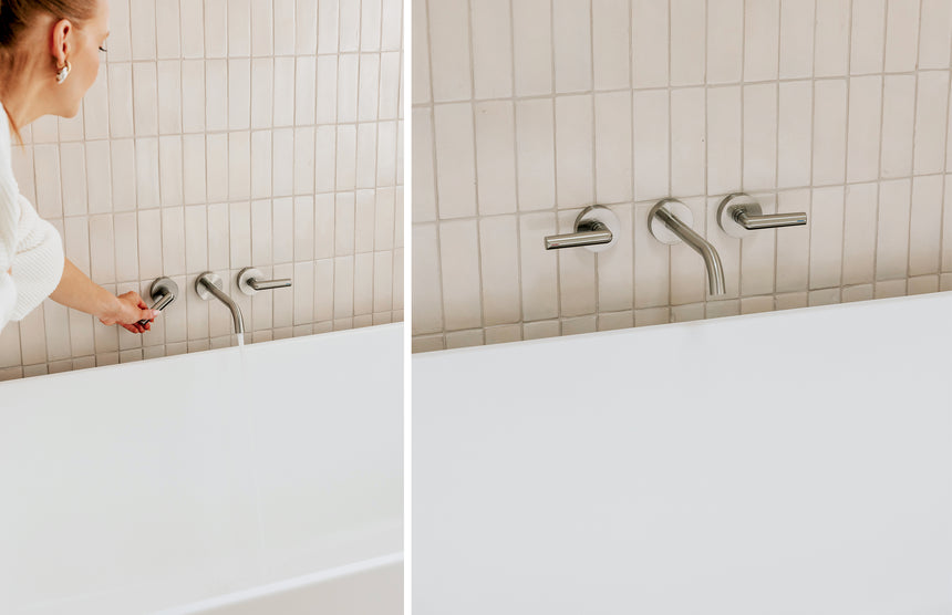Phoenix Vivid Slimline Plus Lever Wall Top Assemblies Brushed Nickel, shown in a finished interior