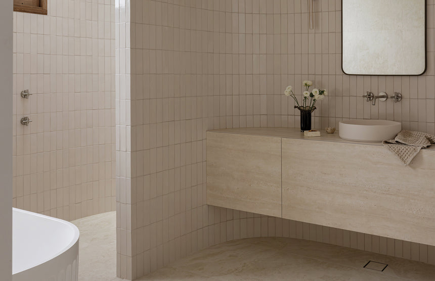 Phoenix Vivid Slimline Plus Wall Top Assemblies Brushed Nickel, shown in a finished interior
