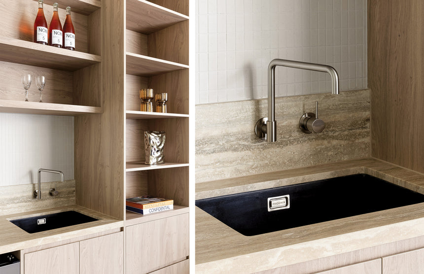 Phoenix 5000 Series Large Single Bowl Under / Over Sink Matte Black, shown in a finished interior