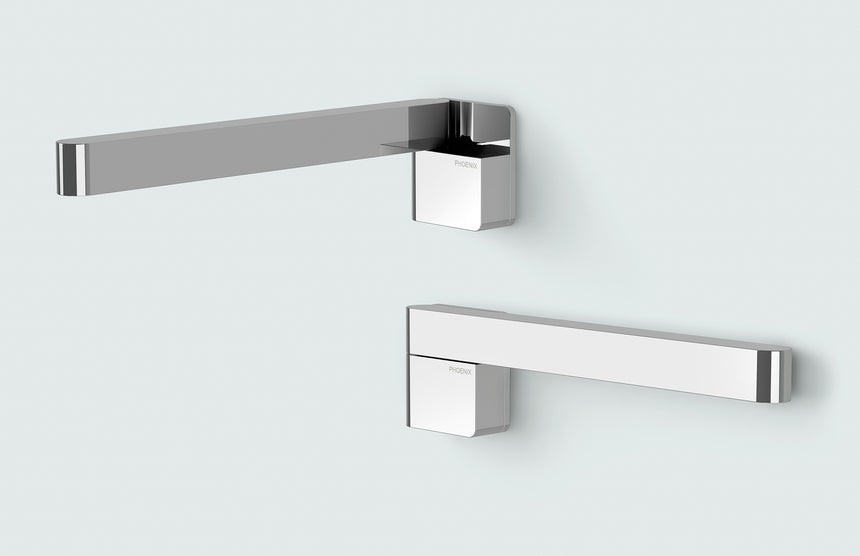 Phoenix Designer Swivel Bath Outlet 230mm Square Brushed Nickel, shown in a finished interior