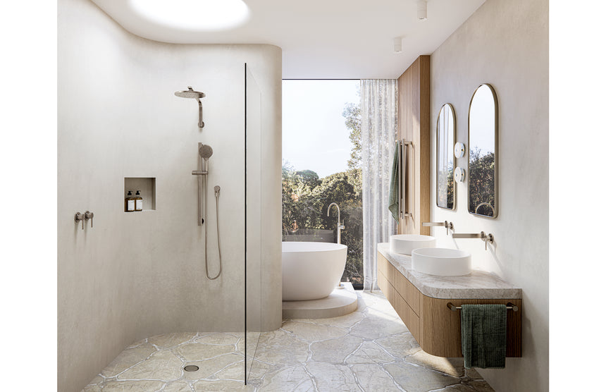 Phoenix Oxley Rail Shower Brushed Nickel, shown in a finished interior