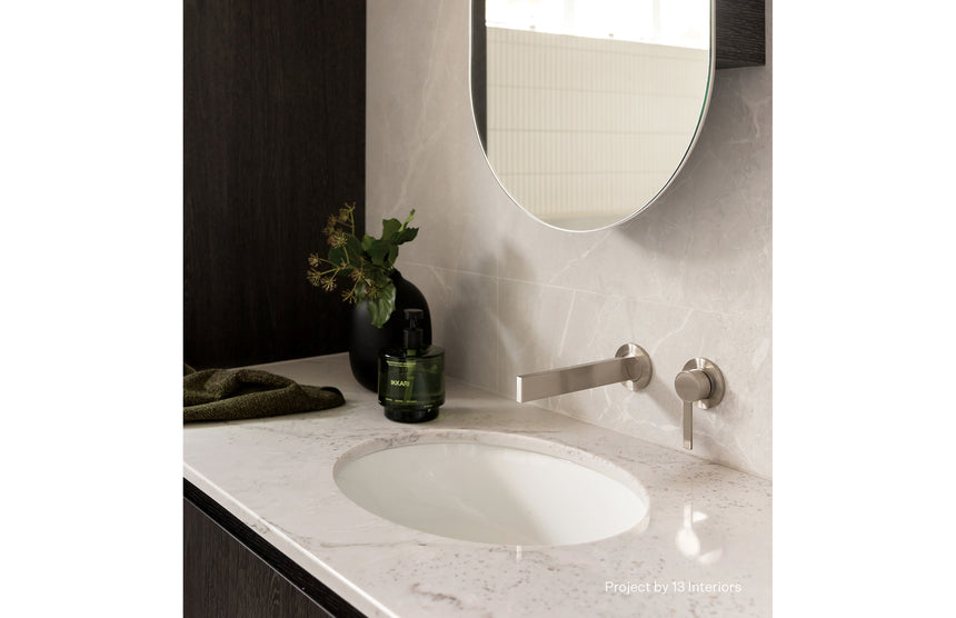 Phoenix Lexi MKII SwitchMix Wall Basin Mixer Set 200mm Fit-Off Kit Brushed Nickel, shown in a finished interior