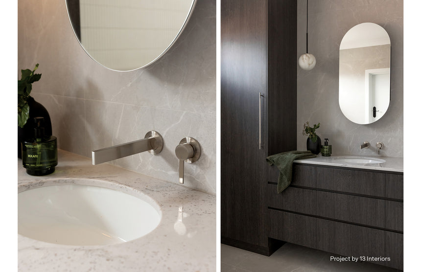 Phoenix Lexi MKII SwitchMix Wall Basin Mixer Set 200mm Fit-Off Kit Brushed Nickel, shown in a finished interior