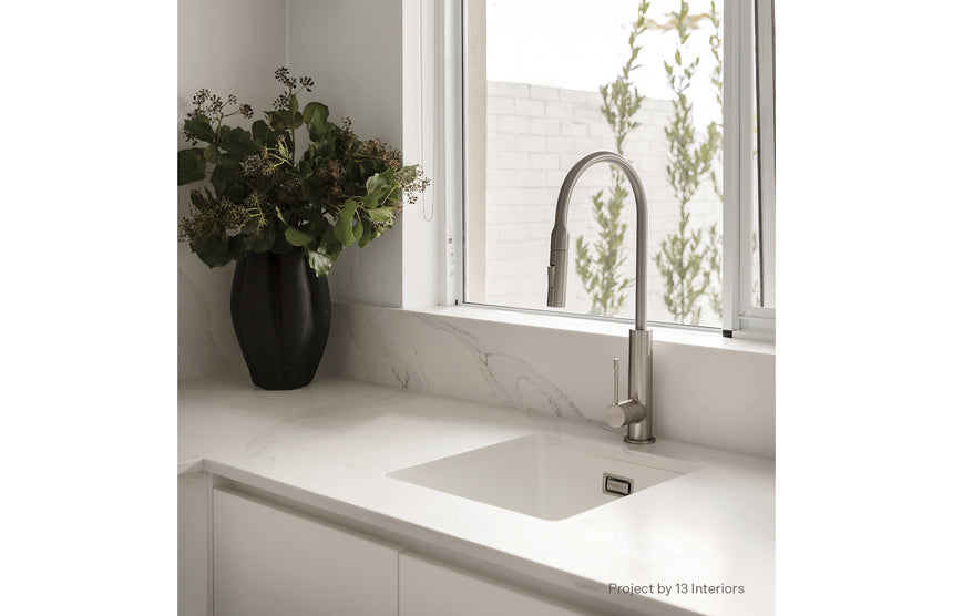 Phoenix 5000 Series Single Bowl Under / Over Sink Matte White, shown in a finished interior