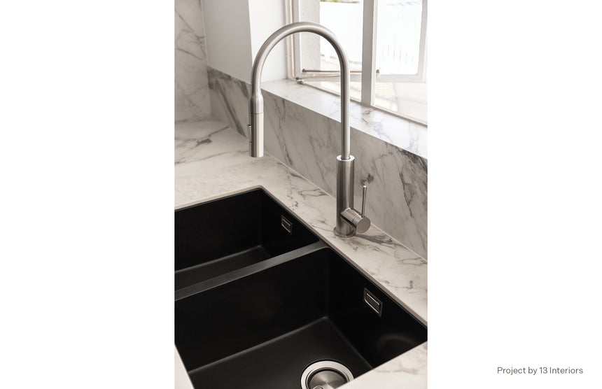 Phoenix Deja Pull Out Sink Mixer 220mm Brushed Nickel, shown in a finished interior