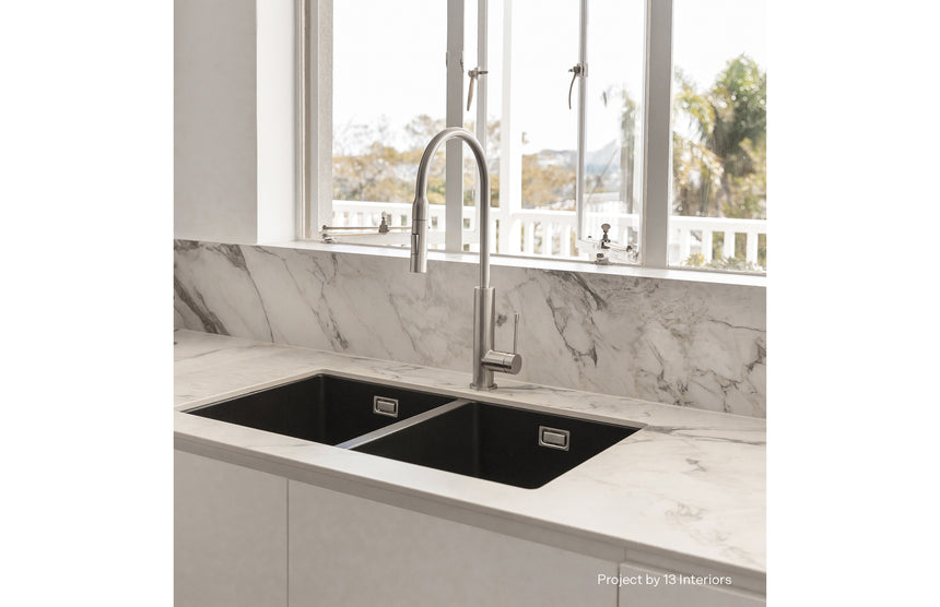 Phoenix 5000 Series Double Bowl Under / Over Sink Matte Black, shown in a finished interior