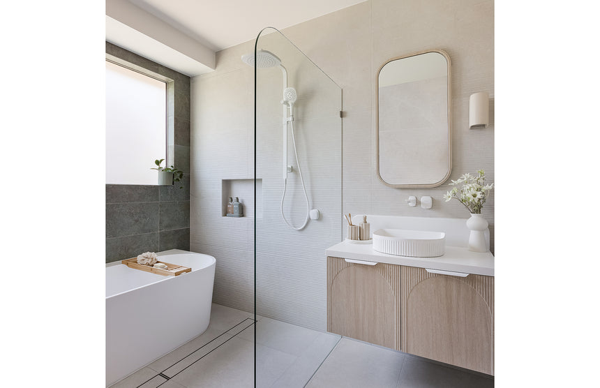 Phoenix Nuage Wall Basin / Bath Mixer Set 200mm Matte White, shown in a finished interior