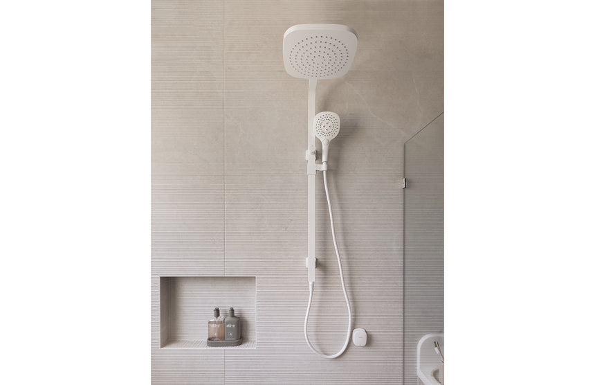 Phoenix Nuage Twin Shower Matte White, shown in a finished interior