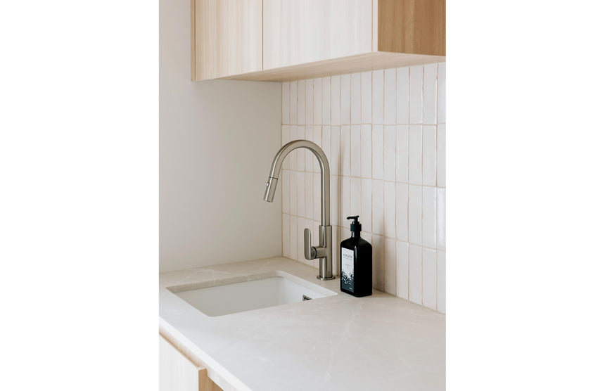 Phoenix 5000 Series Single Bowl Under / Over Sink Matte White, shown in a finished interior