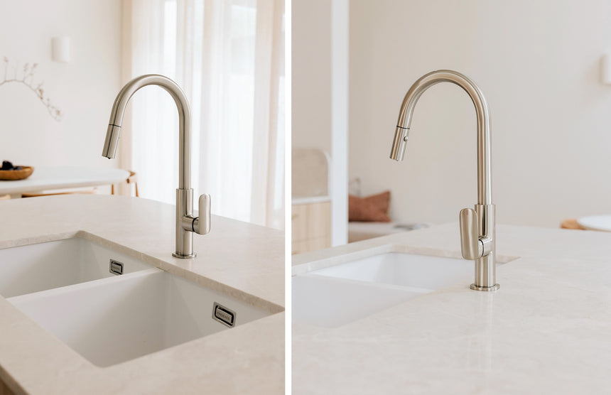 Phoenix 5000 Series Double Bowl Under / Over Sink Matte White, shown in a finished interior