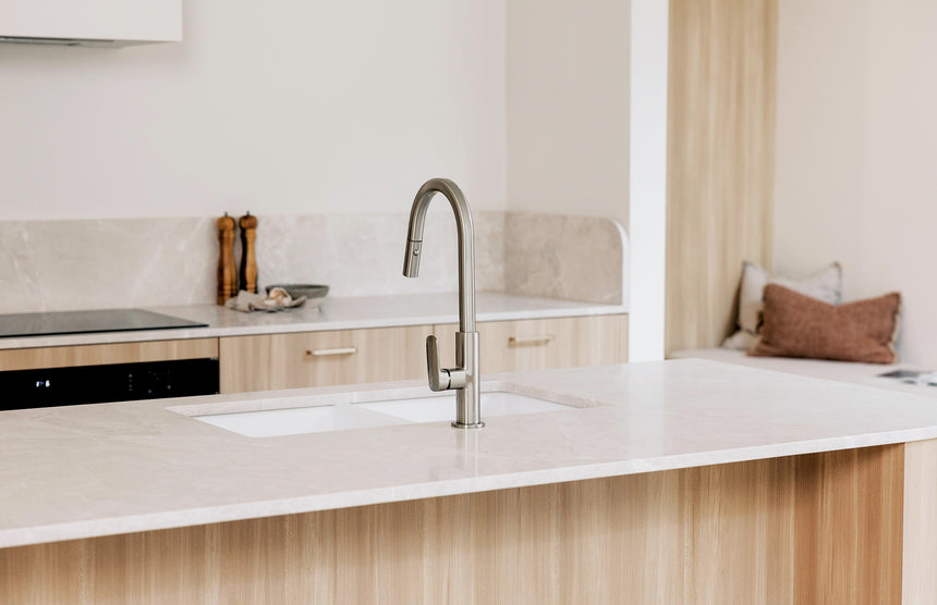 Phoenix Nuage Pull Out Sink Mixer 200mm Brushed Nickel, shown in a finished interior