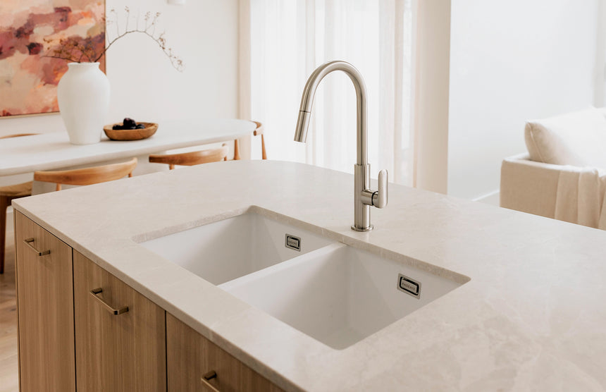 Phoenix Nuage Pull Out Sink Mixer 200mm Brushed Nickel, shown in a finished interior