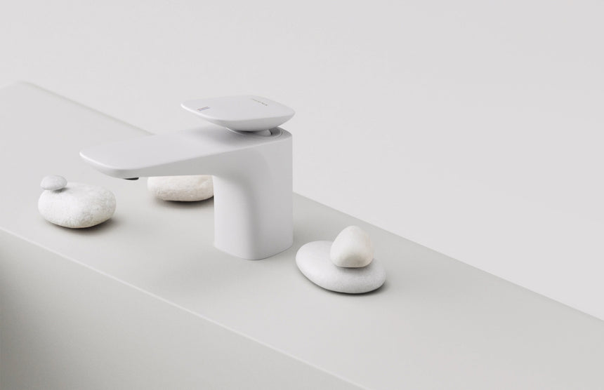 Phoenix Nuage Basin Mixer Matte White, shown in a finished interior