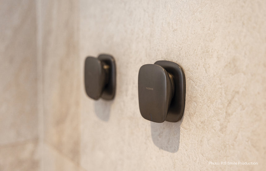 Phoenix Nuage Shower / Wall Mixer Brushed Carbon, shown in a finished interior