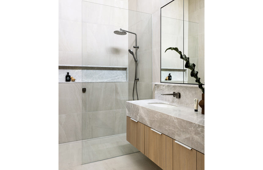 Phoenix Nuage Shower / Wall Mixer Brushed Carbon, shown in a finished interior