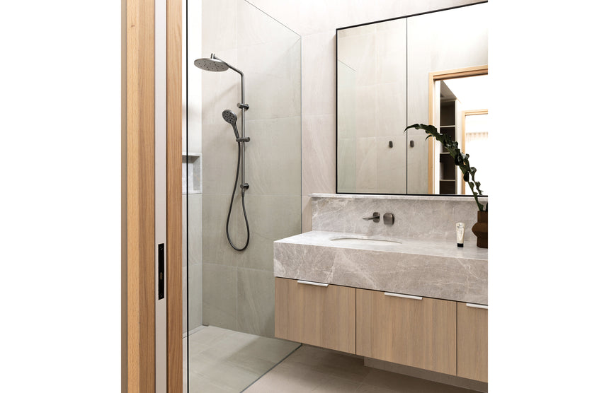 Phoenix Nuage Wall Basin / Bath Mixer Set 200mm Brushed Carbon, shown in a finished interior