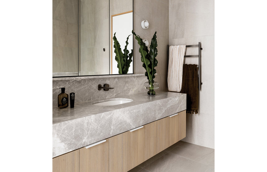 Phoenix Nuage Wall Basin / Bath Mixer Set 200mm Brushed Carbon, shown in a finished interior