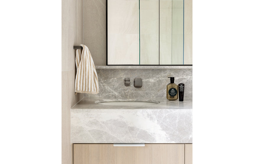 Phoenix Nuage Wall Basin / Bath Mixer Set 200mm Brushed Carbon, shown in a finished interior
