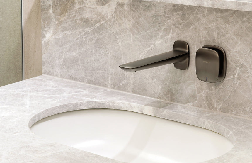 Phoenix Nuage Wall Basin / Bath Mixer Set 200mm Brushed Carbon, shown in a finished interior