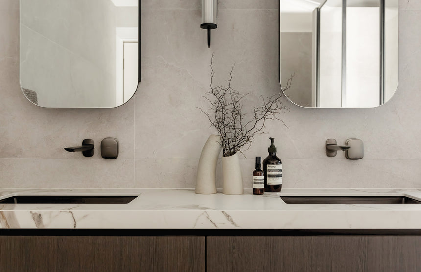 Phoenix Nuage Wall Basin / Bath Mixer Set 200mm Brushed Carbon, shown in a finished interior