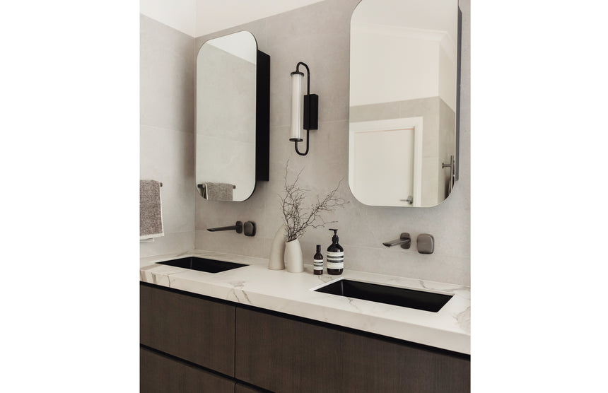 Phoenix Nuage Wall Basin / Bath Mixer Set 200mm Brushed Carbon, shown in a finished interior