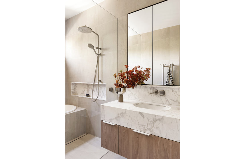 Phoenix Nuage Wall Basin / Bath Mixer Set 200mm Brushed Nickel, shown in a finished interior