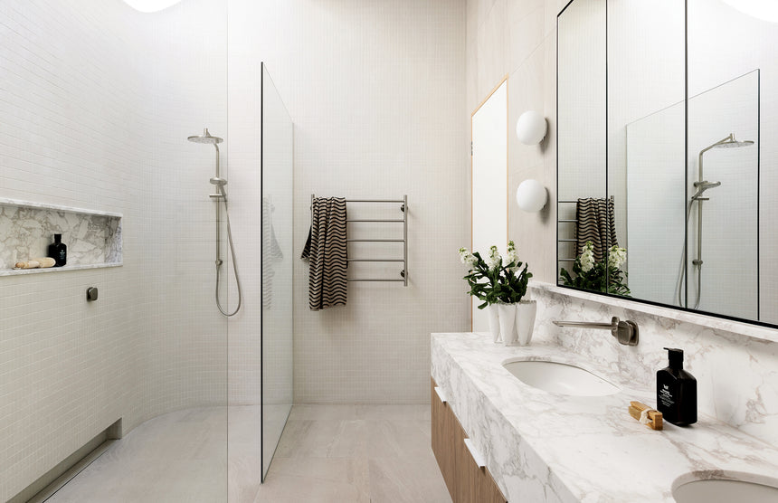 Phoenix Nuage Wall Basin / Bath Mixer Set 200mm Brushed Nickel, shown in a finished interior