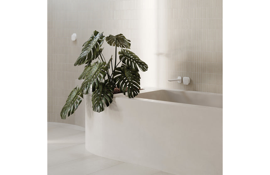 Phoenix Nuage Wall Basin / Bath Mixer Set 200mm Matte White, shown in a finished interior
