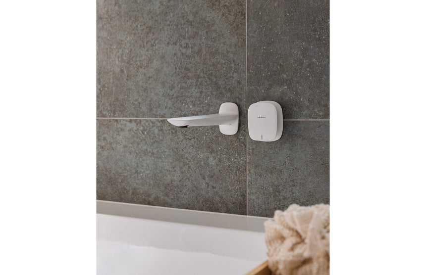 Phoenix Nuage Wall Basin / Bath Mixer Set 200mm Matte White, shown in a finished interior