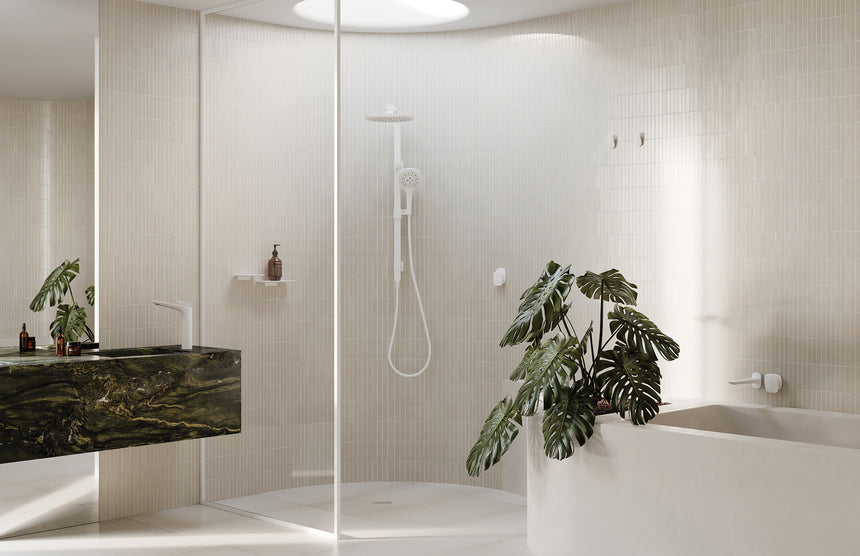 Phoenix Nuage Shower / Wall Mixer Matte White, shown in a finished interior