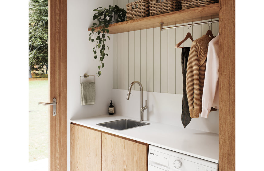 Phoenix Linq Pull Out Sink Mixer 316 SS 220mm Stainless Steel, shown in a finished interior